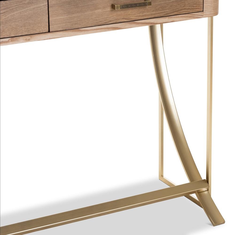 Natural Brown Finished Wood and Gold Finished 2-Drawer Console Table
