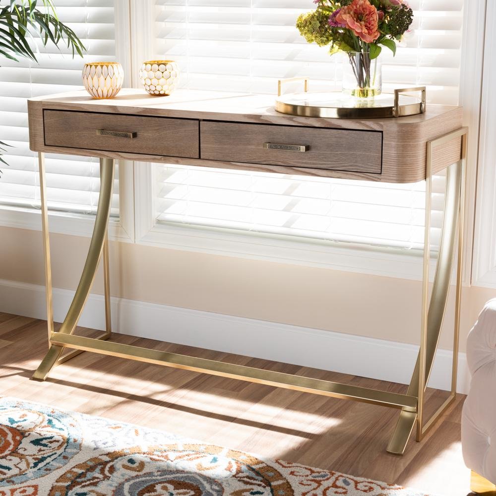 Natural Brown Finished Wood and Gold Finished 2-Drawer Console Table