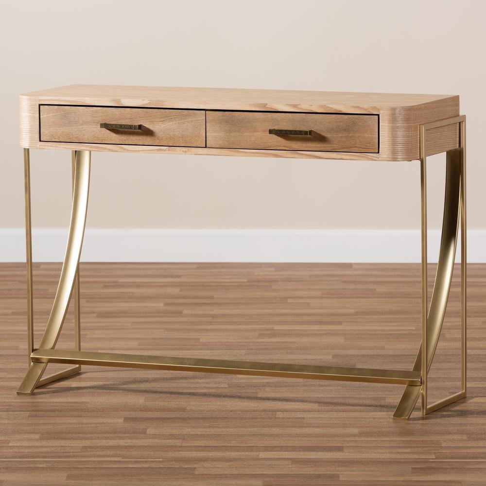 Natural Brown Finished Wood and Gold Finished 2-Drawer Console Table