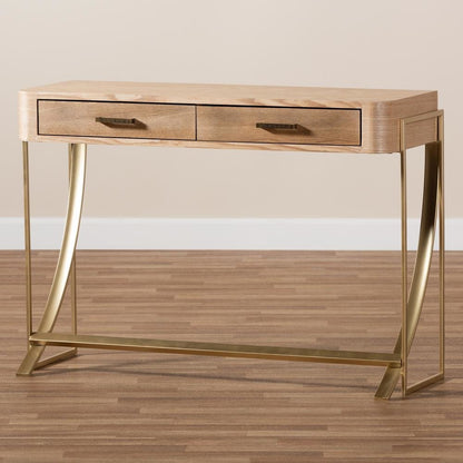 Natural Brown Finished Wood and Gold Finished 2-Drawer Console Table