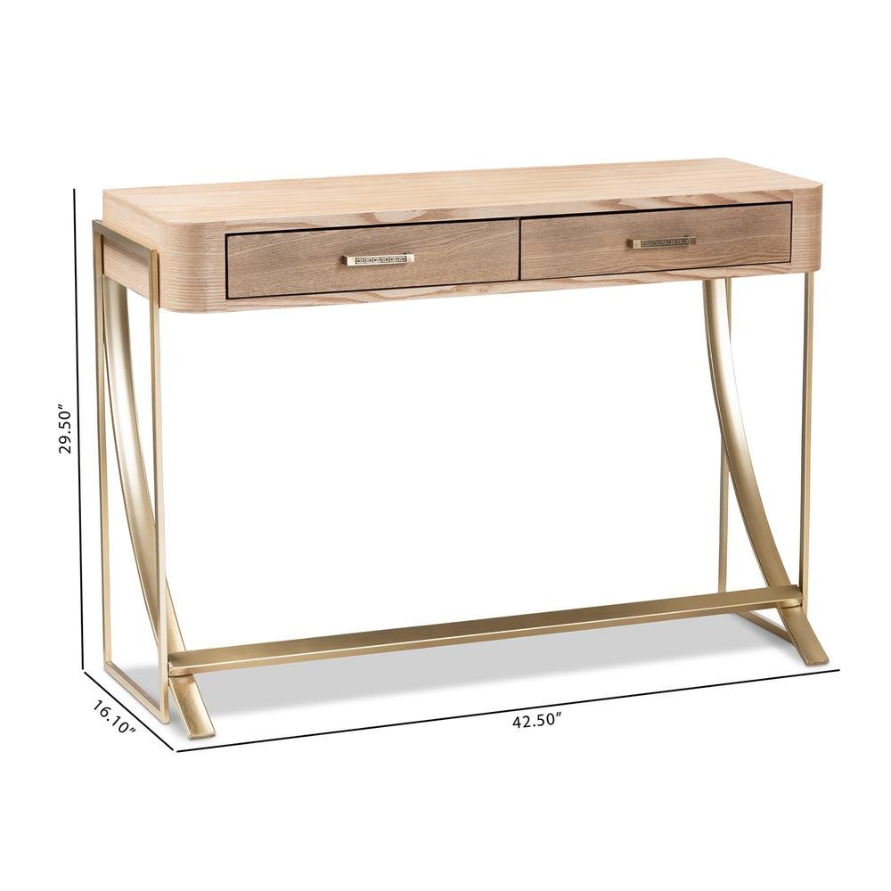 Natural Brown Finished Wood and Gold Finished 2-Drawer Console Table