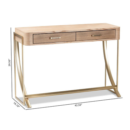 Natural Brown Finished Wood and Gold Finished 2-Drawer Console Table