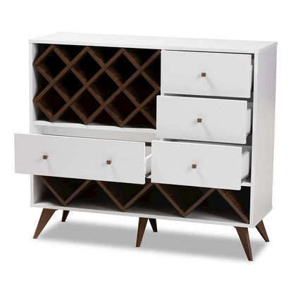 Savino Mid-Century Modern White and Walnut Finished Wood Wine Cabinet
