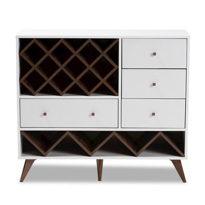 Savino Mid-Century Modern White and Walnut Finished Wood Wine Cabinet