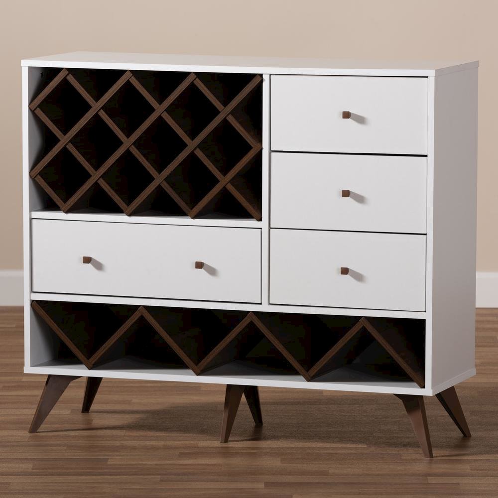 Savino Mid-Century Modern White and Walnut Finished Wood Wine Cabinet