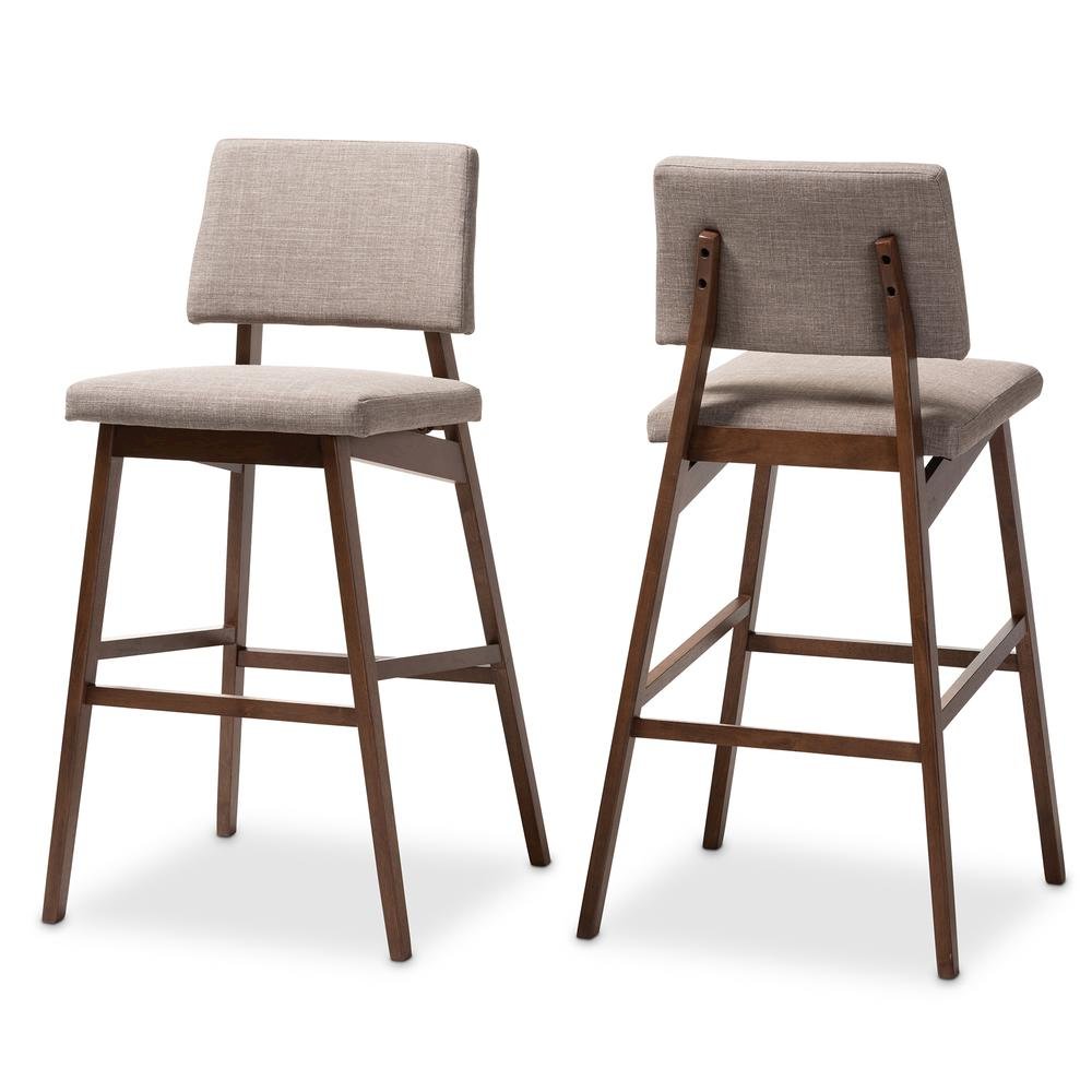 Light Gray Fabric Upholstered and Walnut-Finished Wood Bar Stool Set of 2