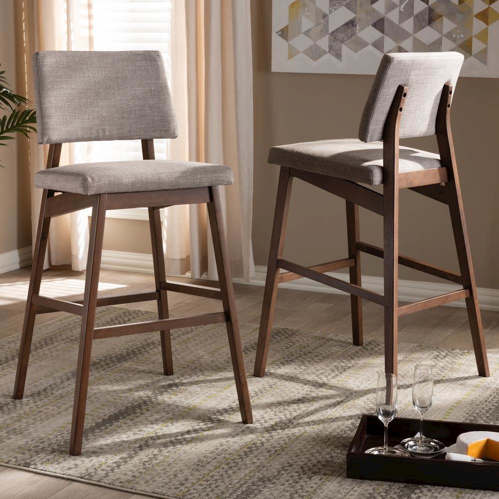 Light Gray Fabric Upholstered and Walnut-Finished Wood Bar Stool Set of 2