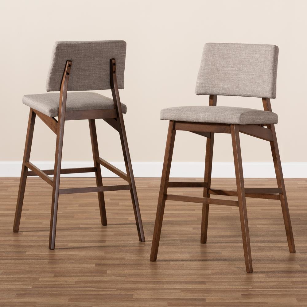 Light Gray Fabric Upholstered and Walnut-Finished Wood Bar Stool Set of 2
