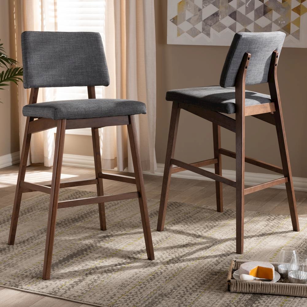 Dark Gray Fabric Upholstered and Walnut-Finished Wood Bar Stool Set of 2