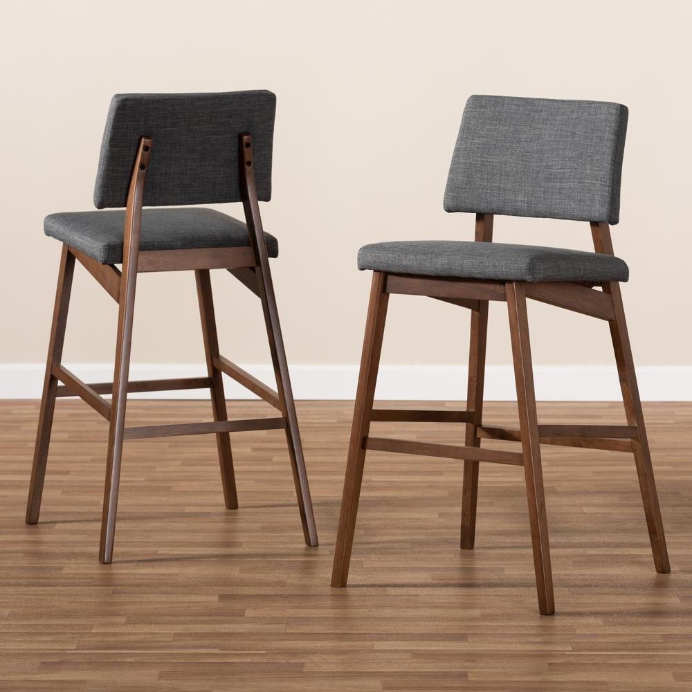Dark Gray Fabric Upholstered and Walnut-Finished Wood Bar Stool Set of 2