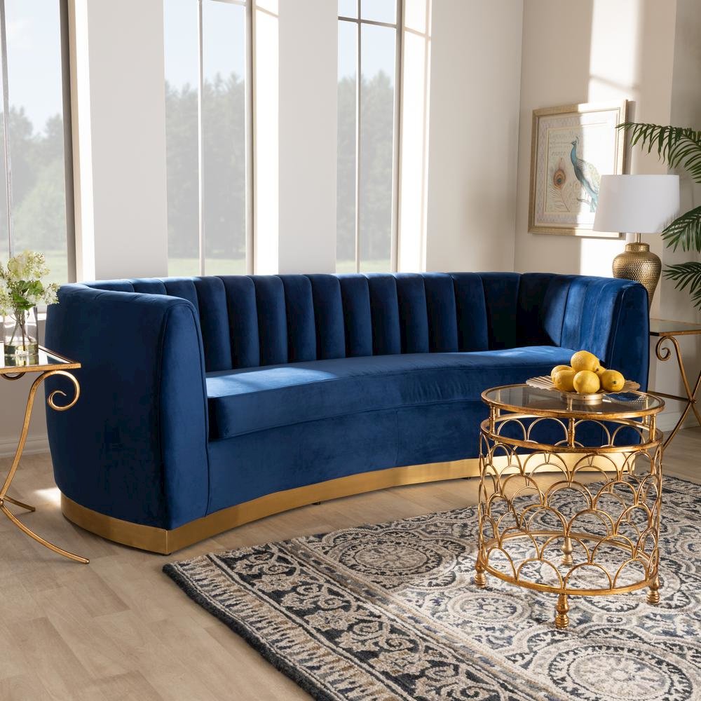 Milena Glam Royal Blue Velvet Fabric Upholstered Gold-Finished Sofa
