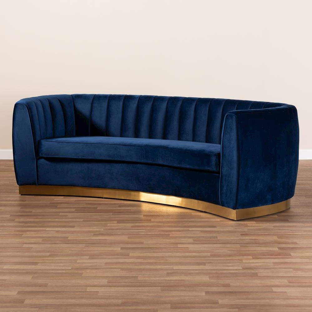 Milena Glam Royal Blue Velvet Fabric Upholstered Gold-Finished Sofa