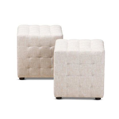 Beige Fabric Upholstered Tufted Cube Ottoman Set of 2