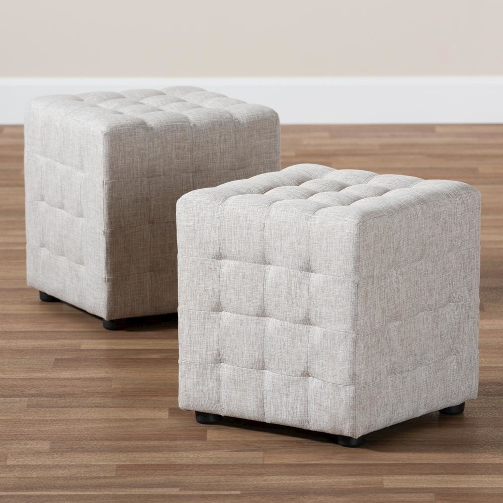 Beige Fabric Upholstered Tufted Cube Ottoman Set of 2