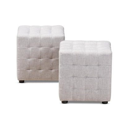 Greyish Beige Fabric Upholstered Tufted Cube Ottoman Set of 2