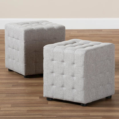 Greyish Beige Fabric Upholstered Tufted Cube Ottoman Set of 2