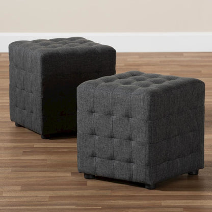 Dark Grey Fabric Upholstered Tufted Cube Ottoman Set of 2