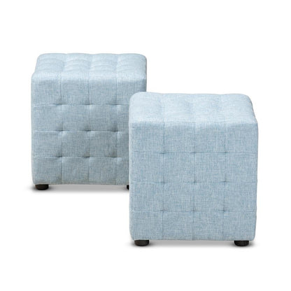 Light Blue Fabric Upholstered Tufted Cube Ottoman Set of 2