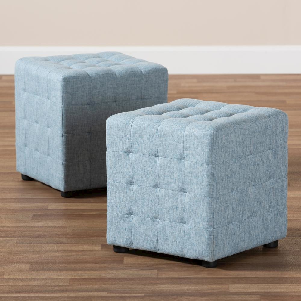 Light Blue Fabric Upholstered Tufted Cube Ottoman Set of 2