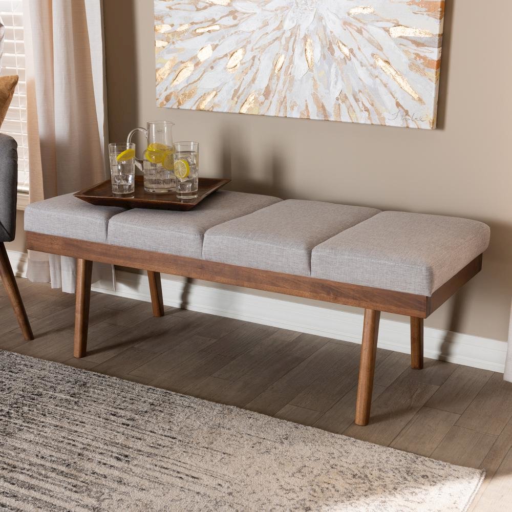 Larisa Mid-Century Modern Grayish Beige Fabric Upholstered Wood Bench