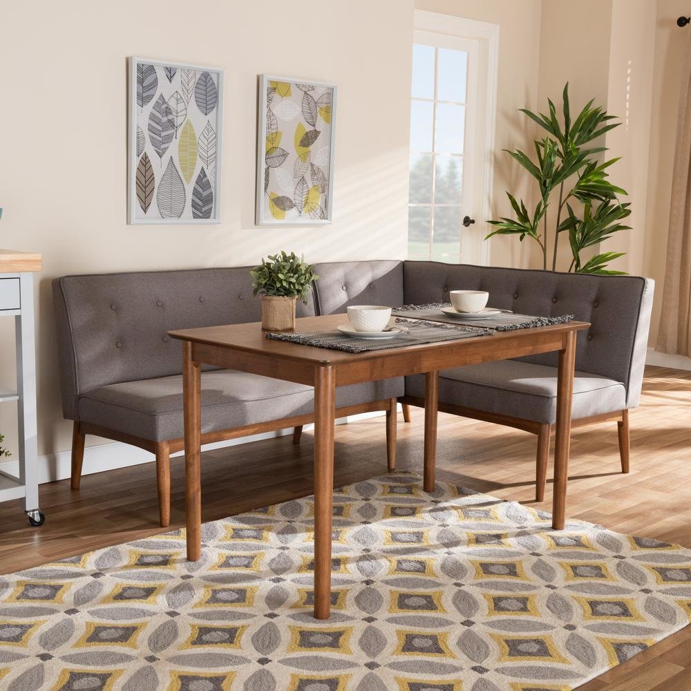 Arvid Mid-Century Modern Gray Fabric Upholstered 3-Piece Wood Dining Nook Set