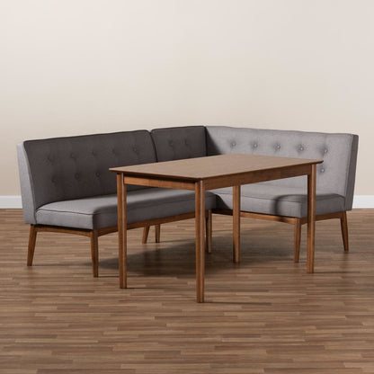 Arvid Mid-Century Modern Gray Fabric Upholstered 3-Piece Wood Dining Nook Set