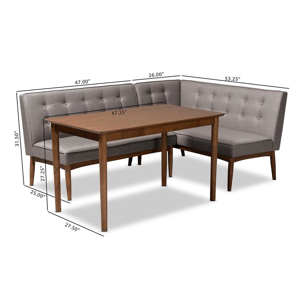 Arvid Mid-Century Modern Gray Fabric Upholstered 3-Piece Wood Dining Nook Set