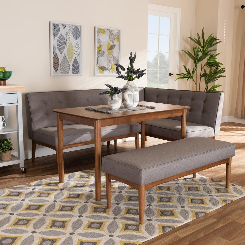 Arvid Mid-Century Modern Gray Fabric Upholstered 4-Piece Wood Dining Nook Set