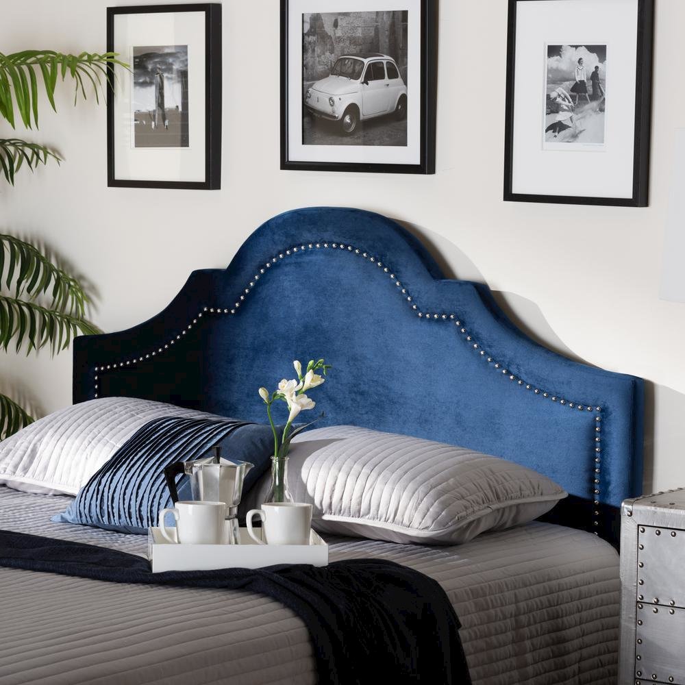 Navy Blue Velvet Fabric Upholstered Full Size Headboard