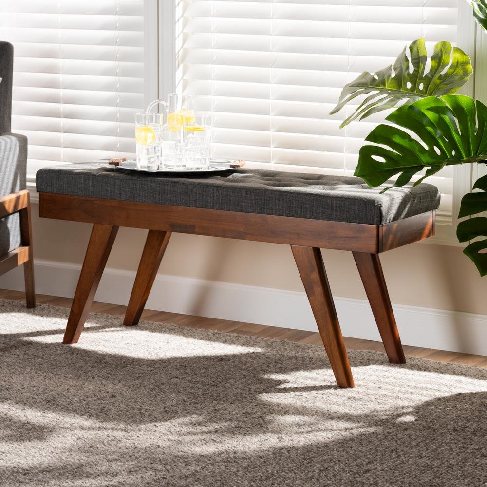 Alona Mid-Century Modern Medium Grey Fabric Upholstered Wood Dining Bench