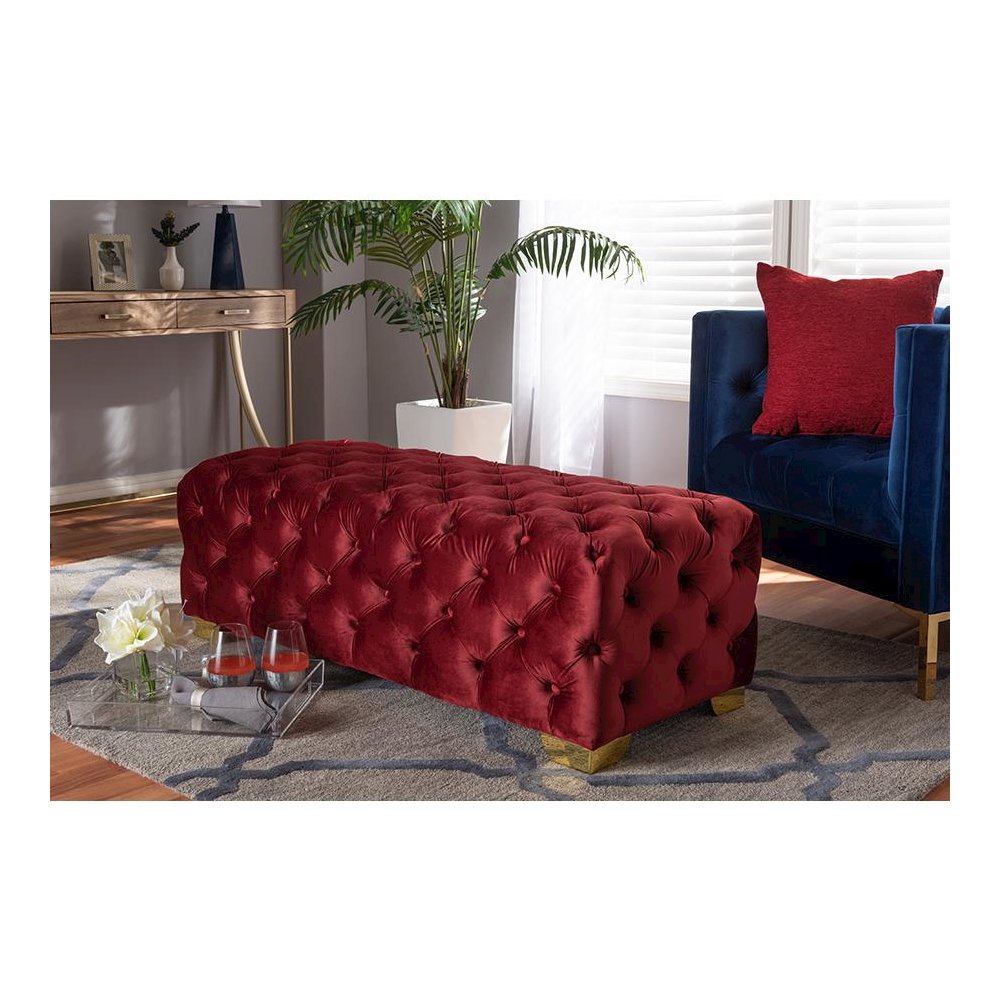 Gold Finished Button Tufted Bench Ottoman
