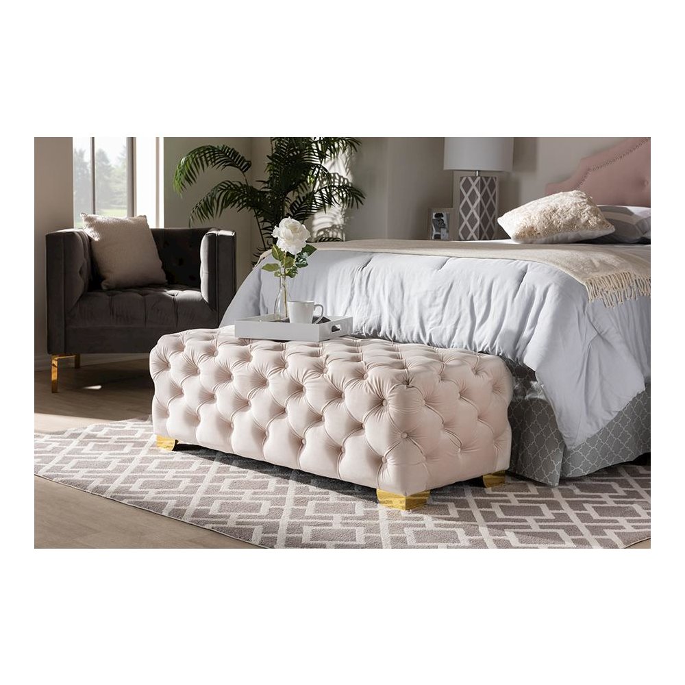 Gold Finished Button Tufted Bench Ottoman