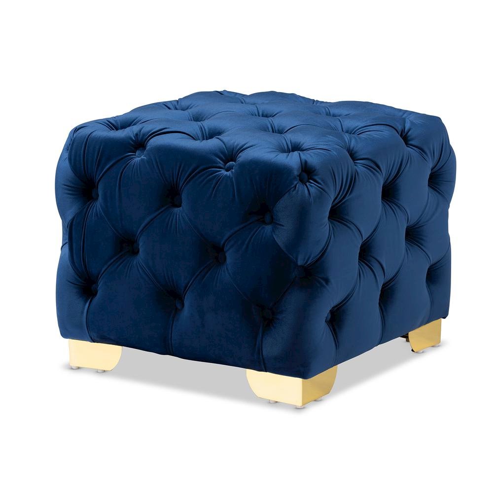 Luxe Royal Blue Velvet Fabric Upholstered Gold Finished Button Tufted Ottoman