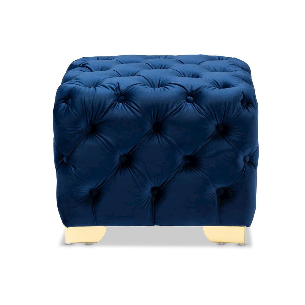 Luxe Royal Blue Velvet Fabric Upholstered Gold Finished Button Tufted Ottoman