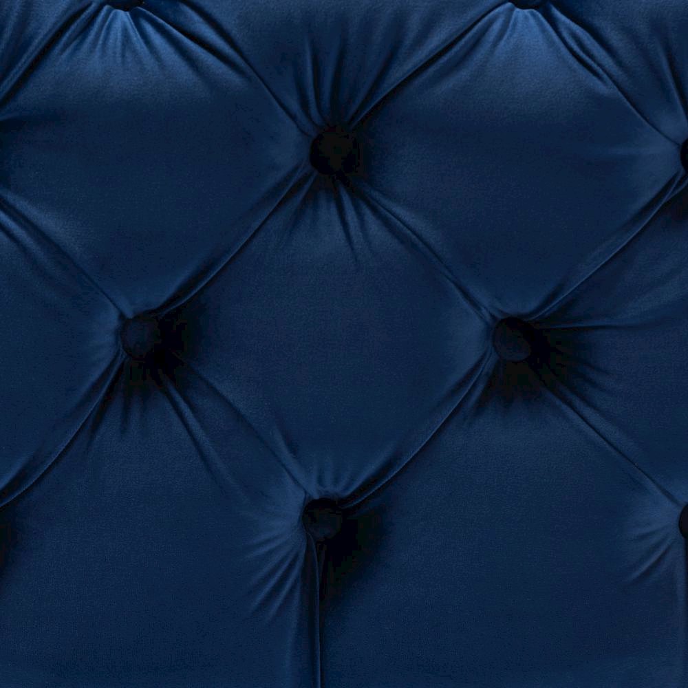 Luxe Royal Blue Velvet Fabric Upholstered Gold Finished Button Tufted Ottoman