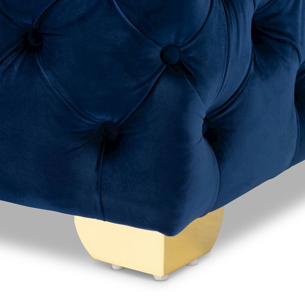 Luxe Royal Blue Velvet Fabric Upholstered Gold Finished Button Tufted Ottoman
