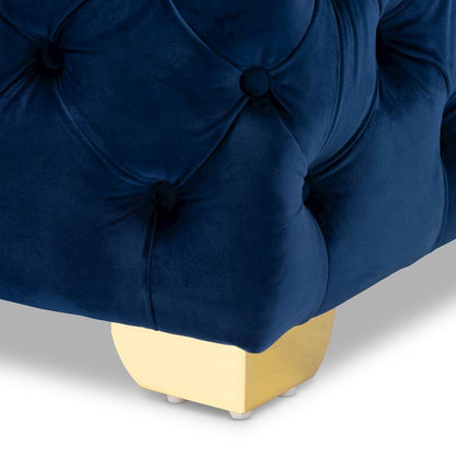 Luxe Royal Blue Velvet Fabric Upholstered Gold Finished Button Tufted Ottoman