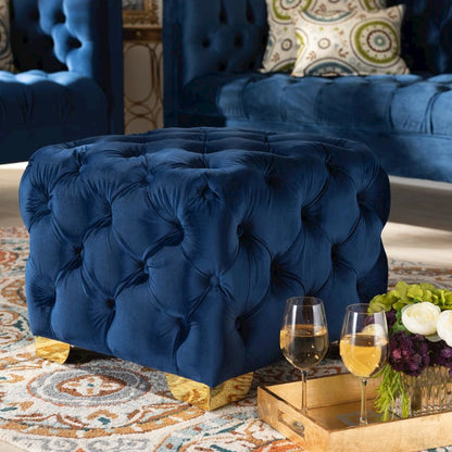 Luxe Royal Blue Velvet Fabric Upholstered Gold Finished Button Tufted Ottoman