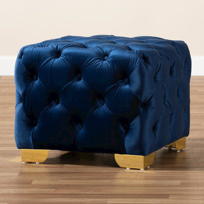 Luxe Royal Blue Velvet Fabric Upholstered Gold Finished Button Tufted Ottoman