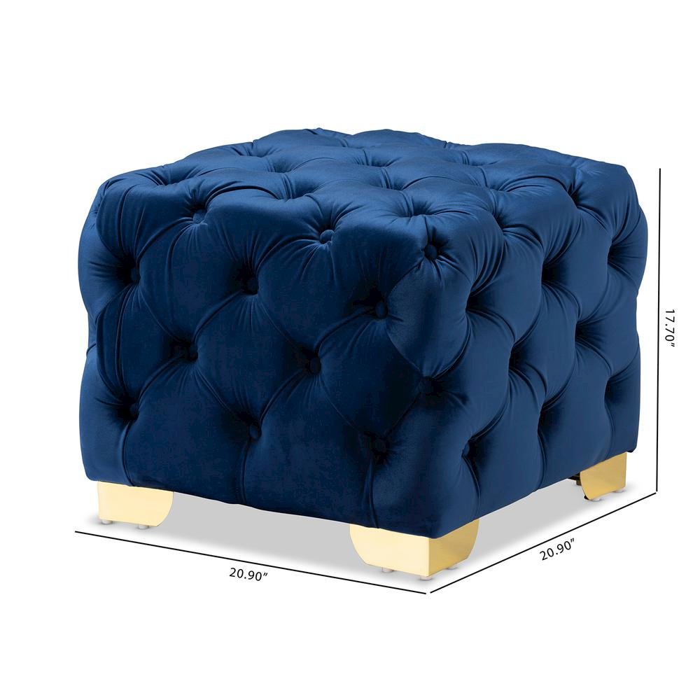 Luxe Royal Blue Velvet Fabric Upholstered Gold Finished Button Tufted Ottoman