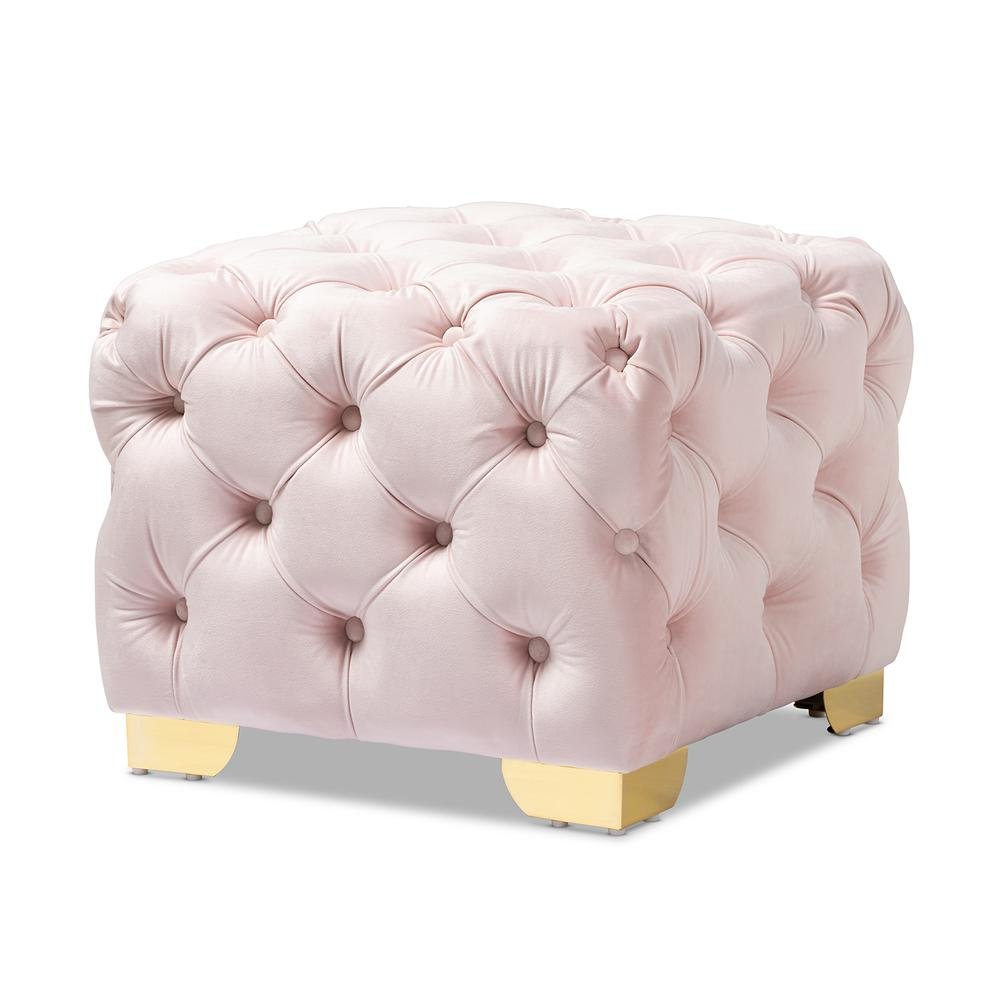 Luxe Light Pink Velvet Fabric Upholstered Gold Finished Button Tufted Ottoman