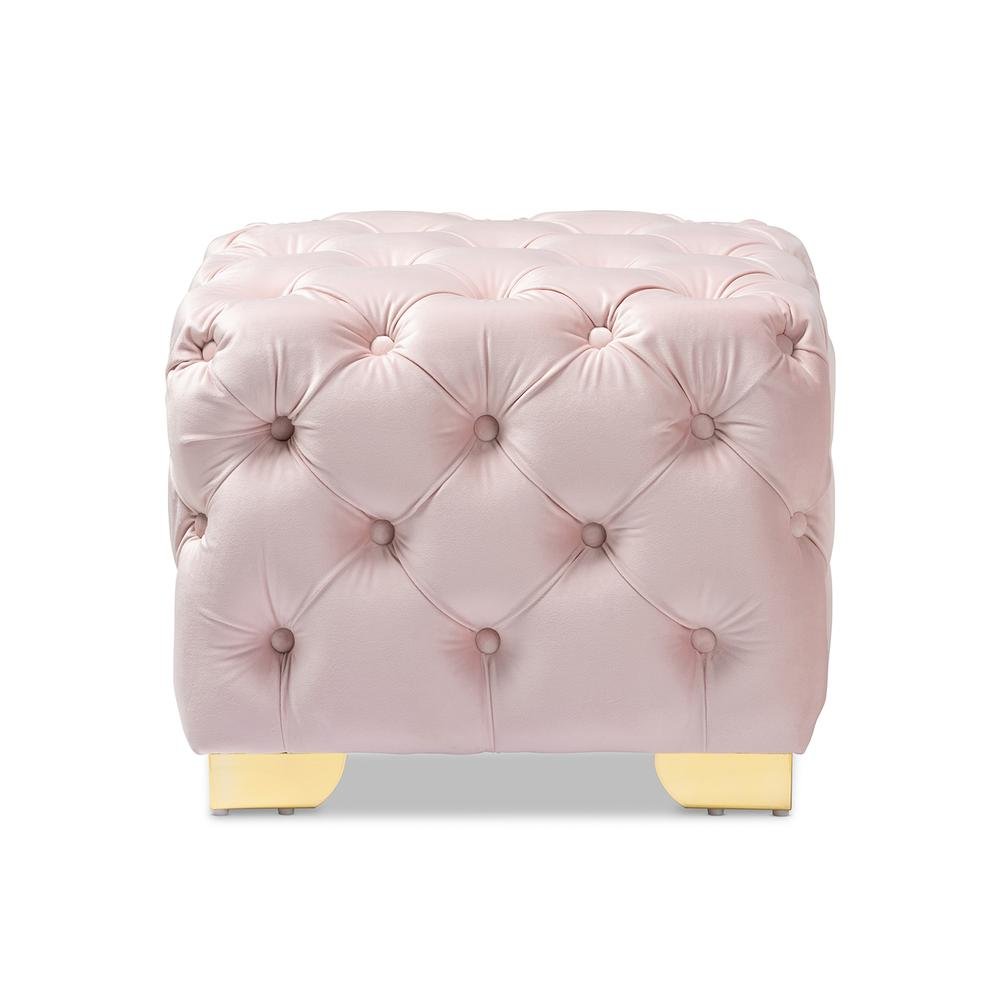 Luxe Light Pink Velvet Fabric Upholstered Gold Finished Button Tufted Ottoman