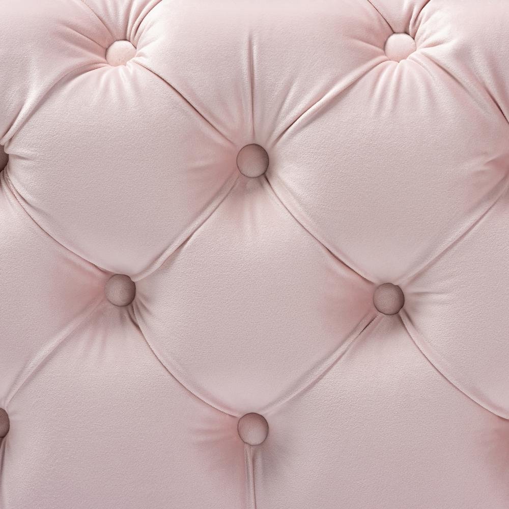 Luxe Light Pink Velvet Fabric Upholstered Gold Finished Button Tufted Ottoman