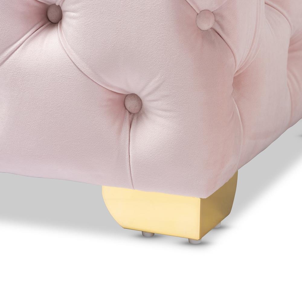 Luxe Light Pink Velvet Fabric Upholstered Gold Finished Button Tufted Ottoman