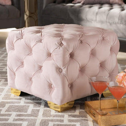 Luxe Light Pink Velvet Fabric Upholstered Gold Finished Button Tufted Ottoman