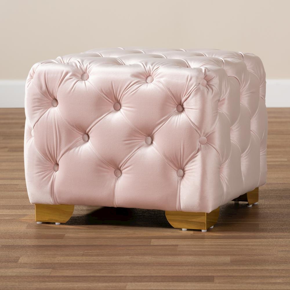 Luxe Light Pink Velvet Fabric Upholstered Gold Finished Button Tufted Ottoman