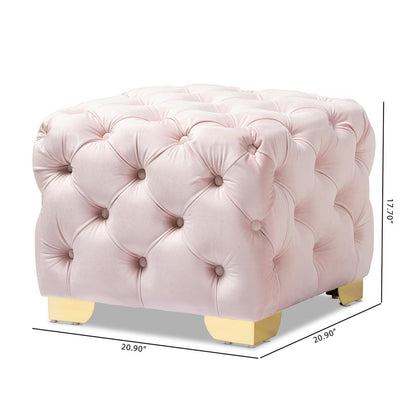 Luxe Light Pink Velvet Fabric Upholstered Gold Finished Button Tufted Ottoman