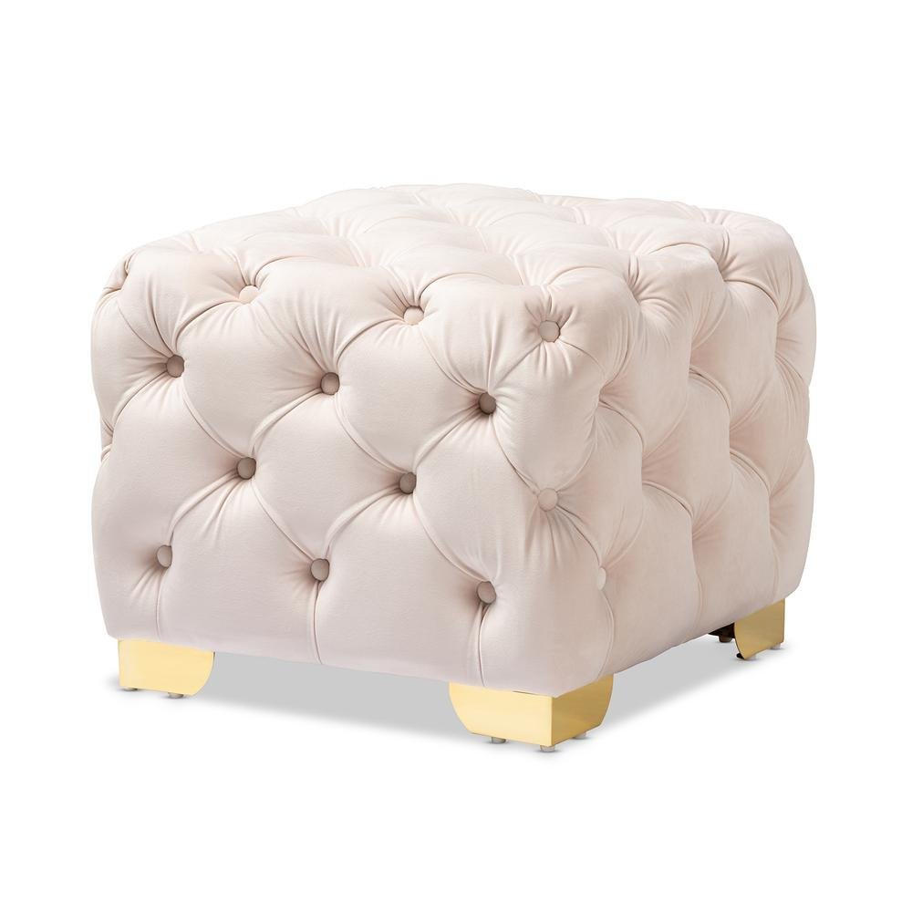 Luxe Light Beige Velvet Fabric Upholstered Gold Finished Button Tufted Ottoman