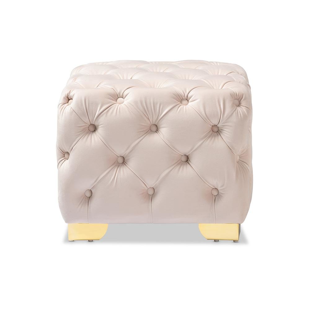 Luxe Light Beige Velvet Fabric Upholstered Gold Finished Button Tufted Ottoman