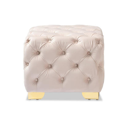 Luxe Light Beige Velvet Fabric Upholstered Gold Finished Button Tufted Ottoman